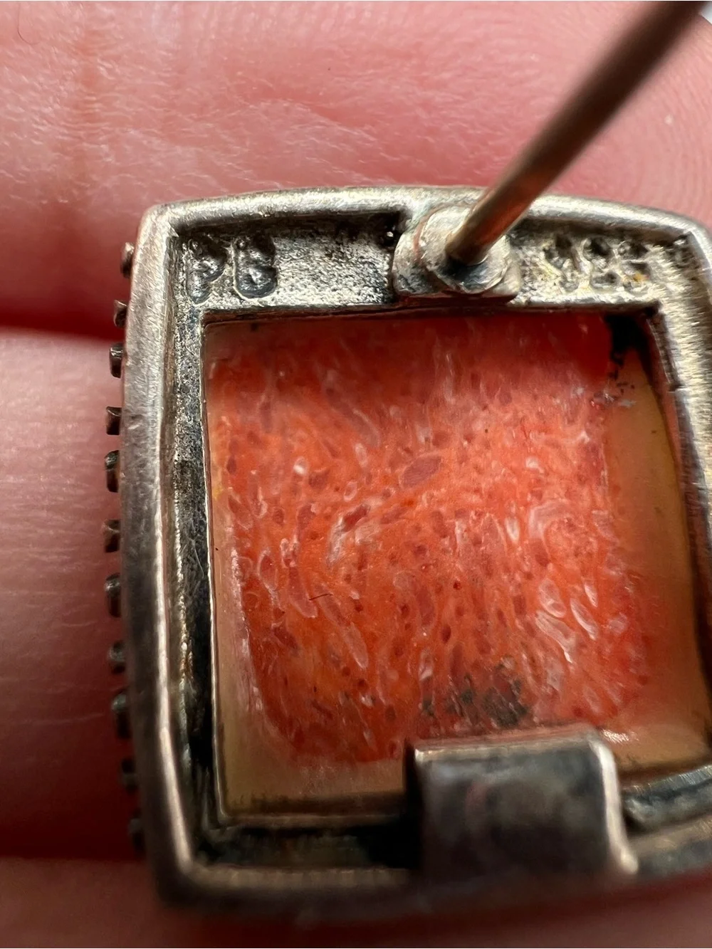 Sterling Silver (925) Orange Sponge Coral Square Stud Earrings Signed PB